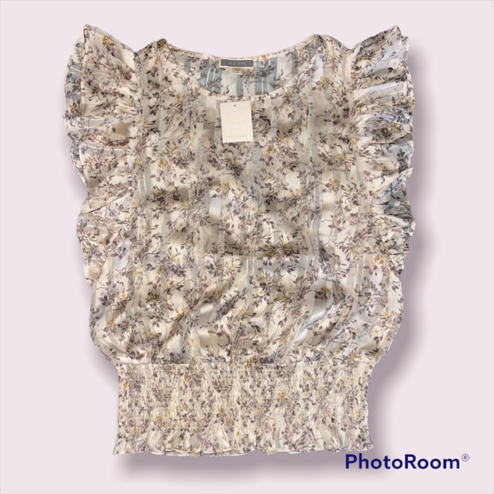 NWT Anthropology brand Pleione blouse, white with flowers and a silky shine. S